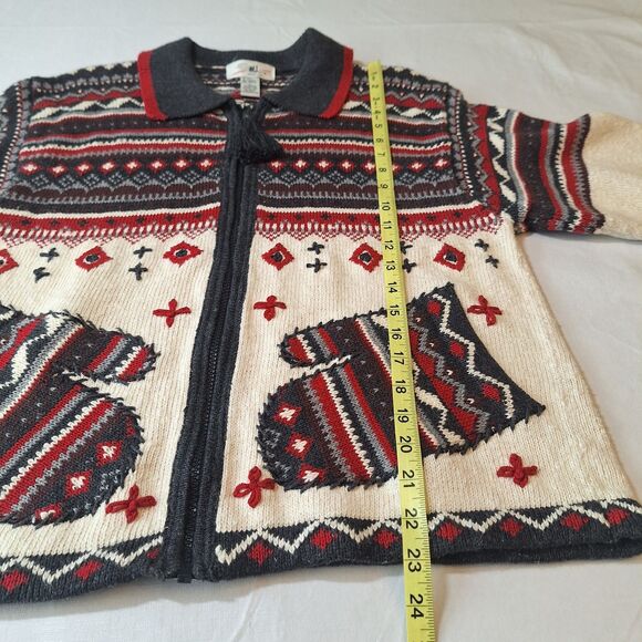 Vintage SML Sport White Red Black Ugly Christmas Sweater Full Zip Cardigan Sz L - Picture 5 of 10